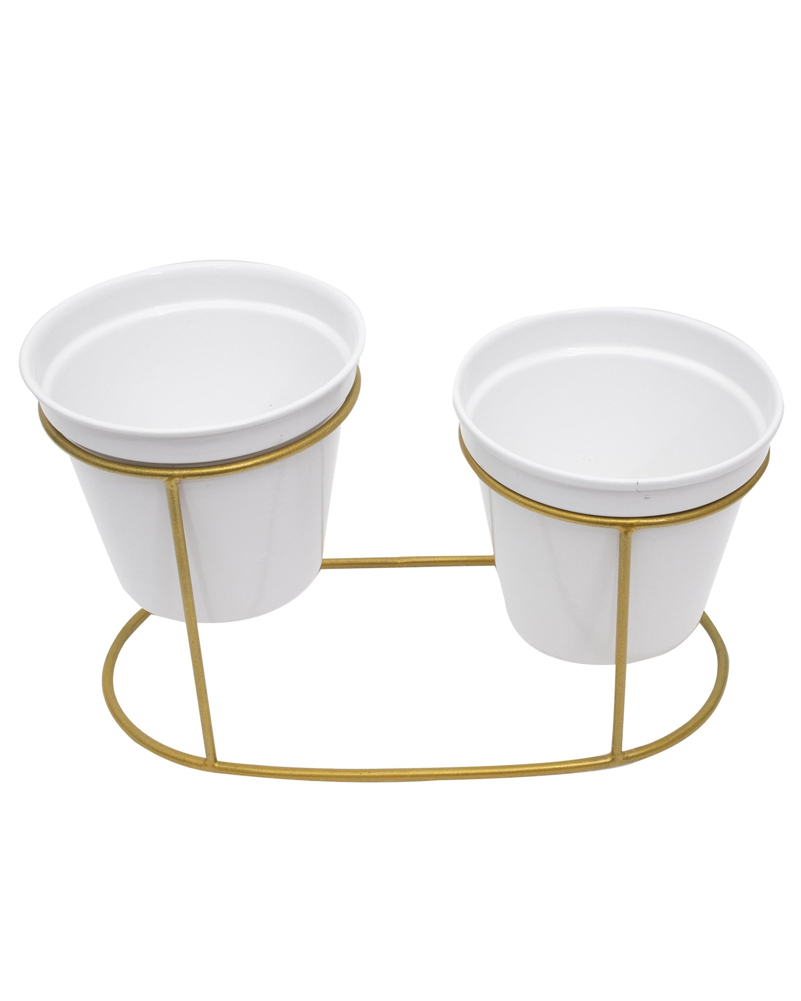Combo of 2 Table Top Designer Metallic Gold Metal Stand with Planters, Small White Metal Pots for Livingroom, Balcony & Home Decoration, Twin Oval Planter