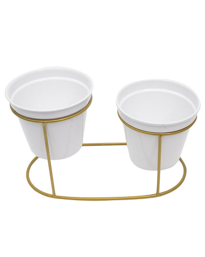 Combo of 2 Table Top Designer Metallic Gold Metal Stand with Planters, Small White Metal Pots for Livingroom, Balcony & Home Decoration, Twin Oval Planter