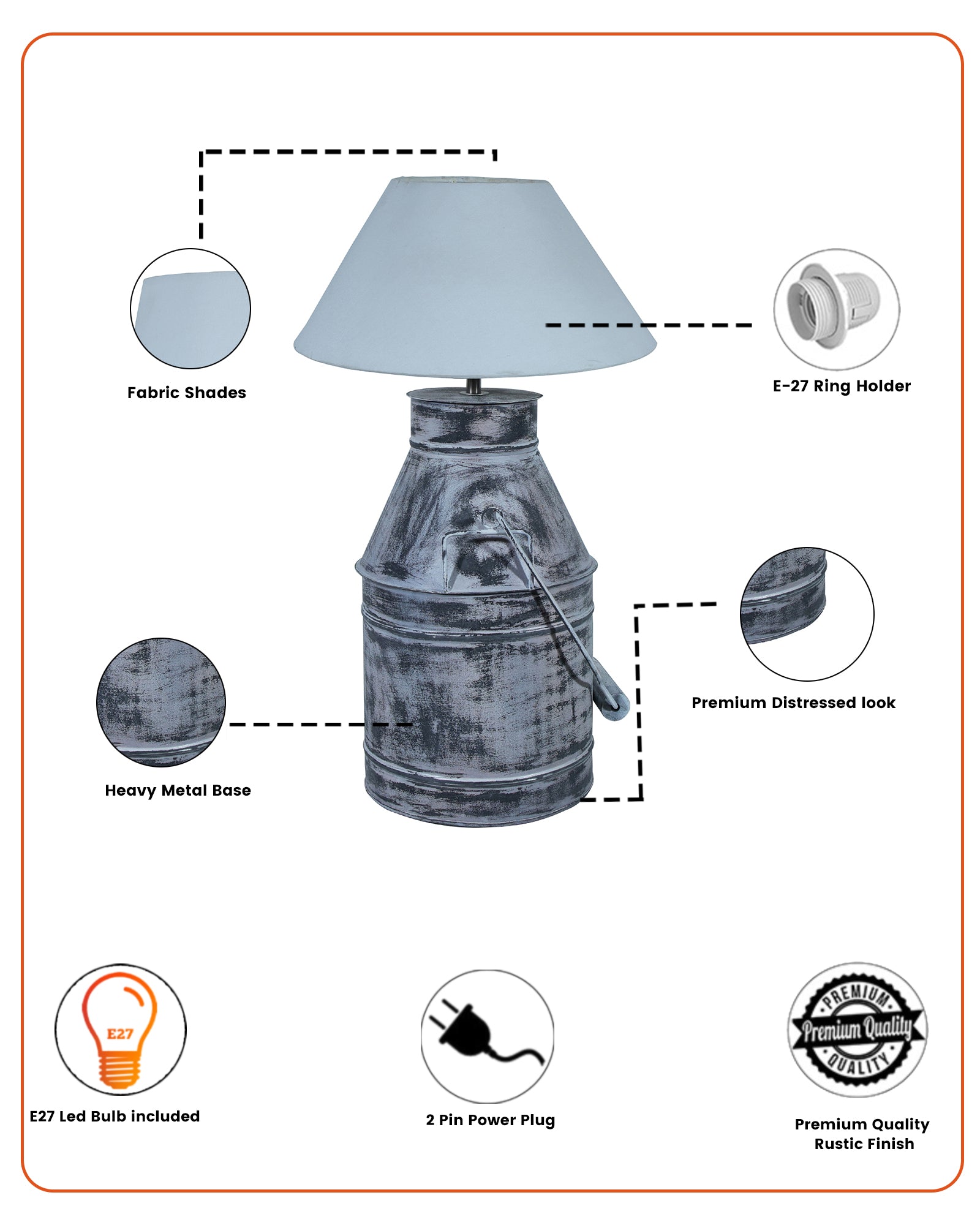 Rustic Milk Churn Can Table Lamp with cone shade, Whitewash Finish
