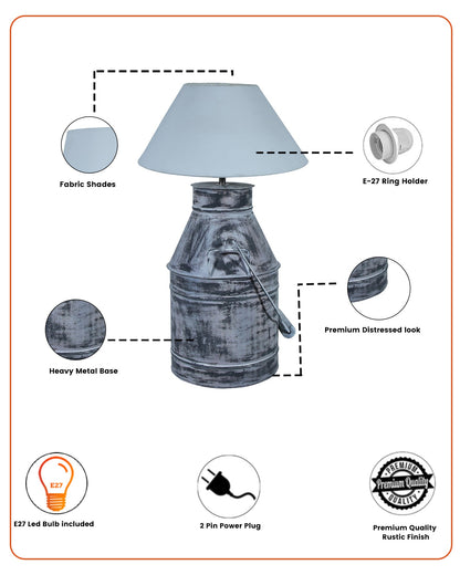 Rustic Milk Churn Can Table Lamp with cone shade, Whitewash Finish