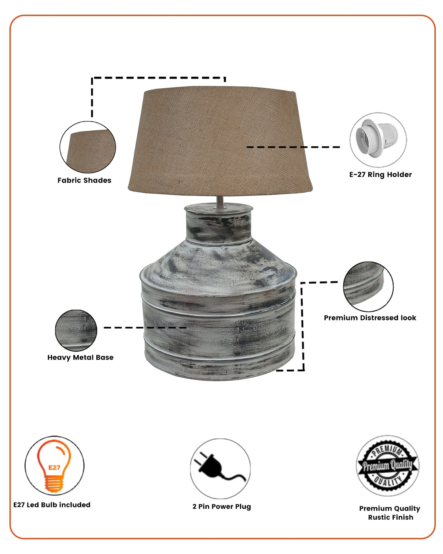 Rustic Milk Gagar Table Lamp with drum shade, Whitewash Finish