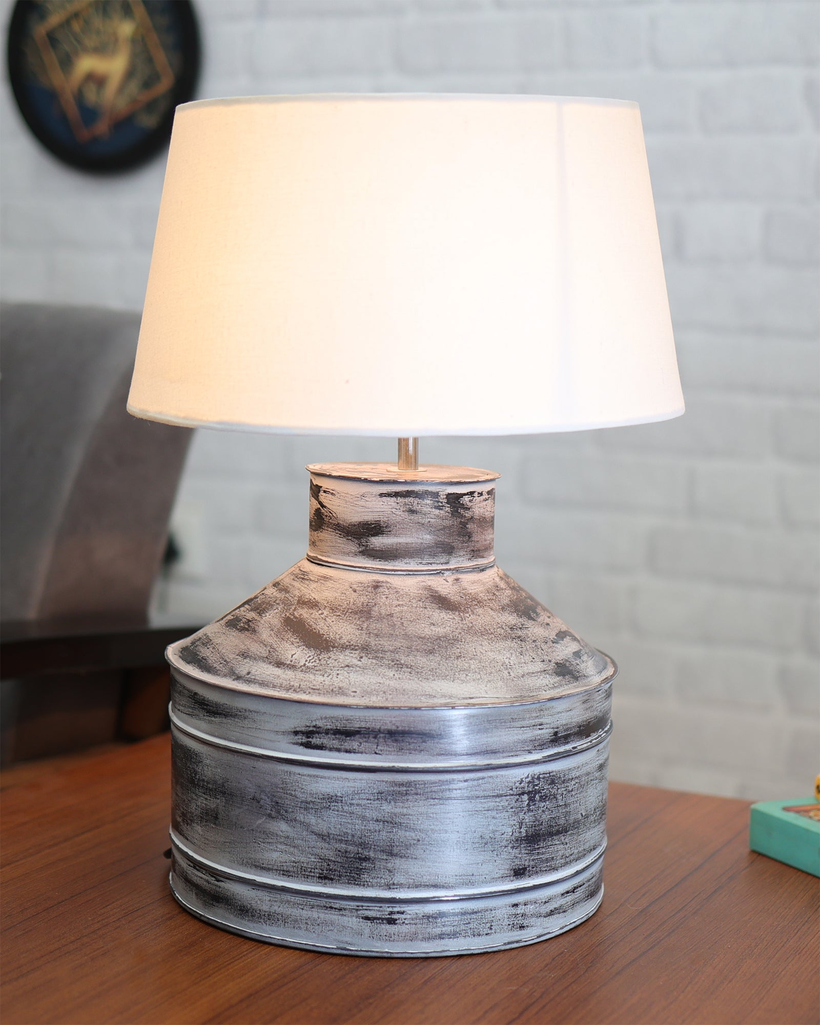Rustic Milk Gagar Table Lamp with drum shade, Whitewash Finish