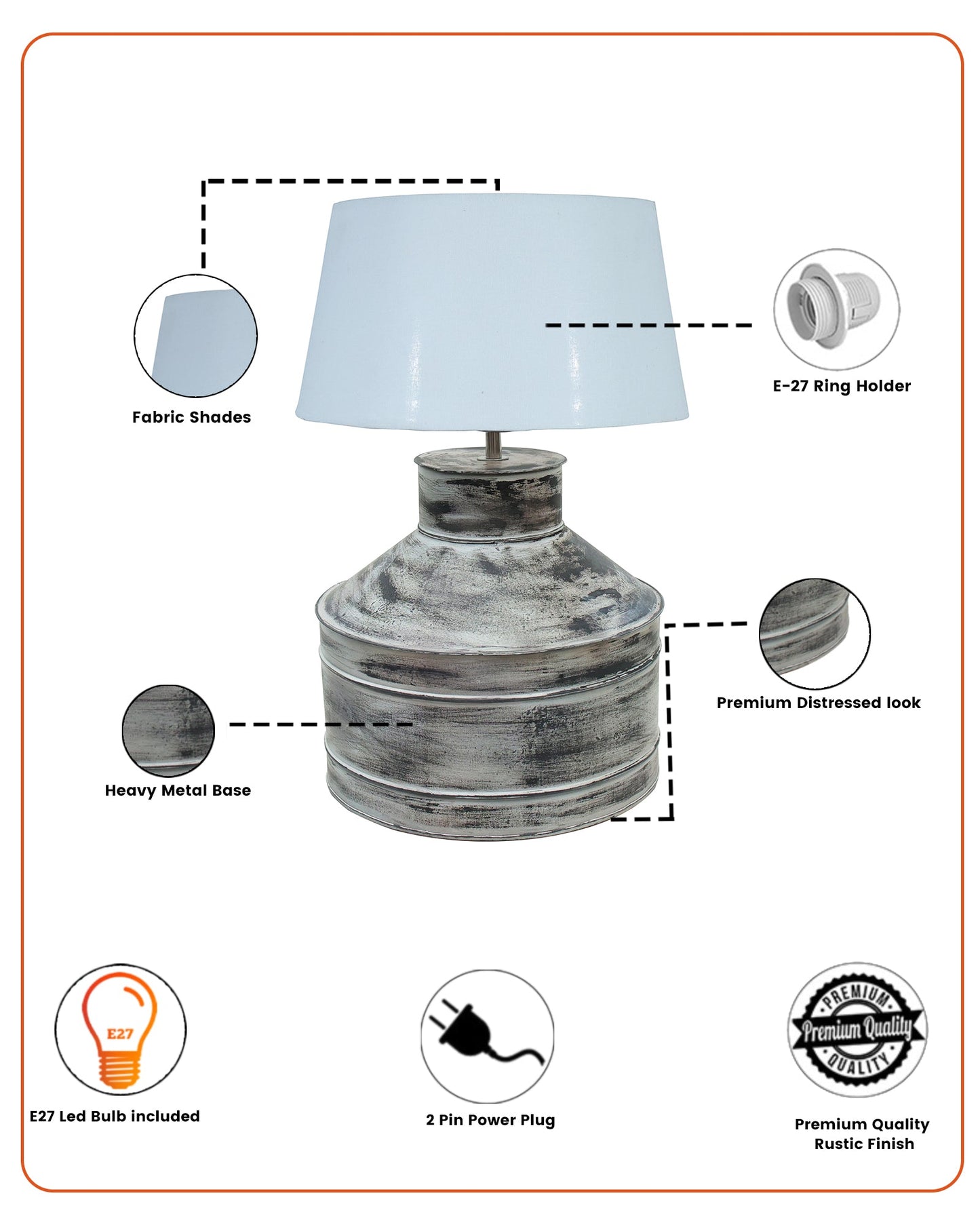 Rustic Milk Gagar Table Lamp with drum shade, Whitewash Finish