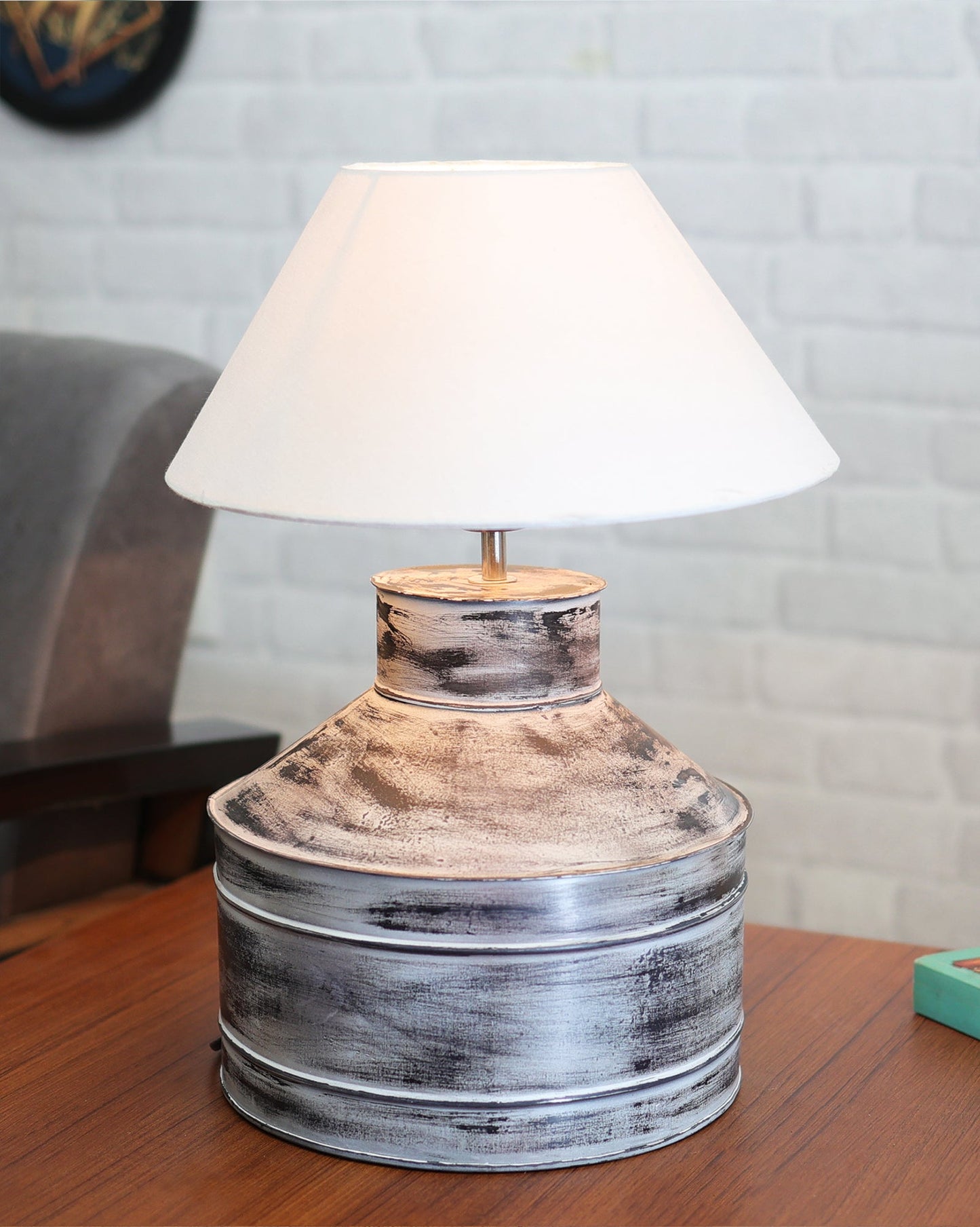 Rustic Milk Gagar Table Lamp with cone shade, Whitewash Finish