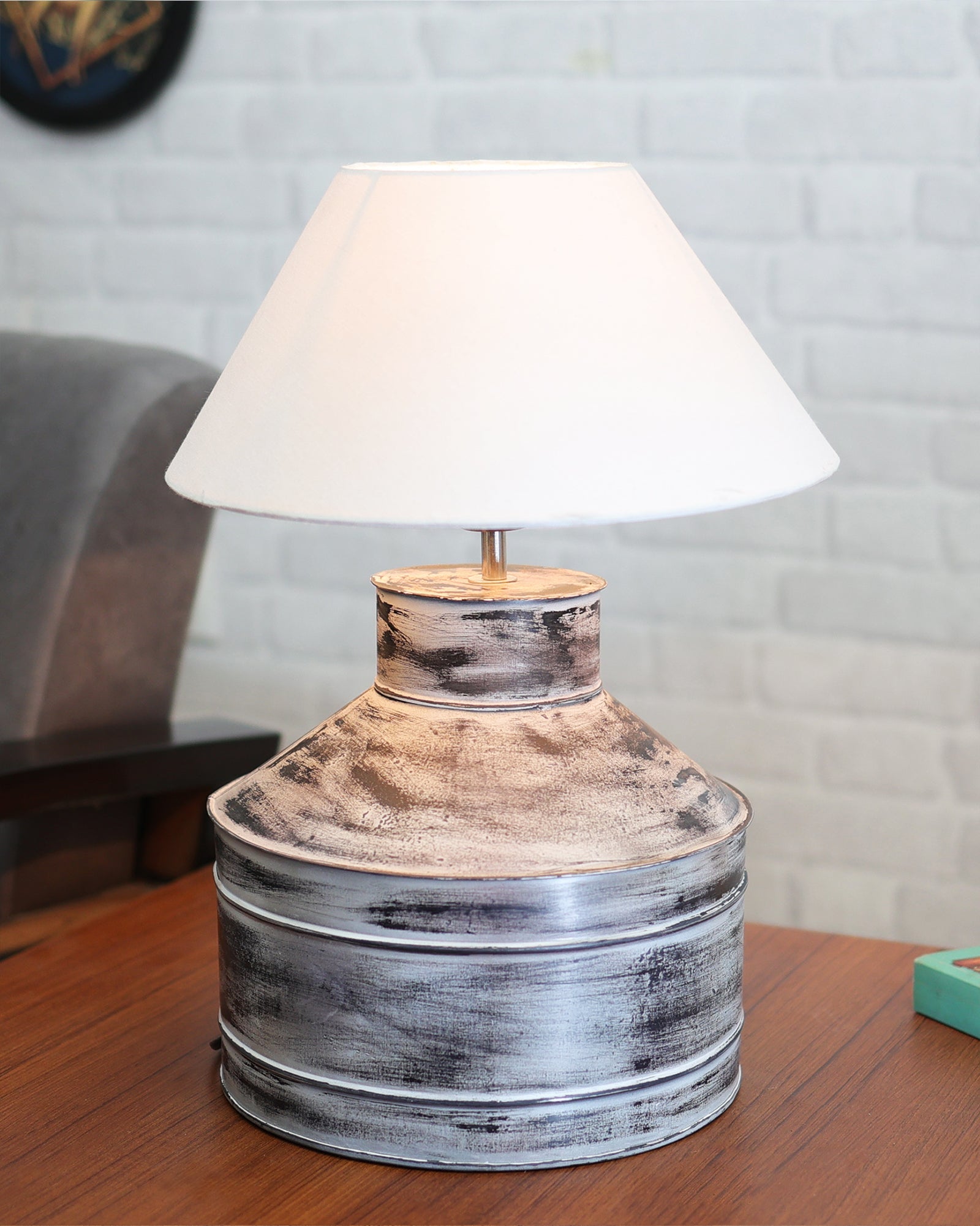Rustic Milk Gagar Table Lamp with cone shade, Whitewash Finish