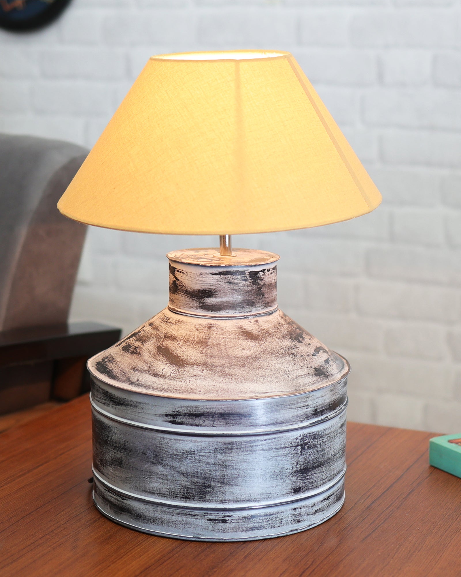 Rustic Milk Gagar Table Lamp with cone shade, Whitewash Finish