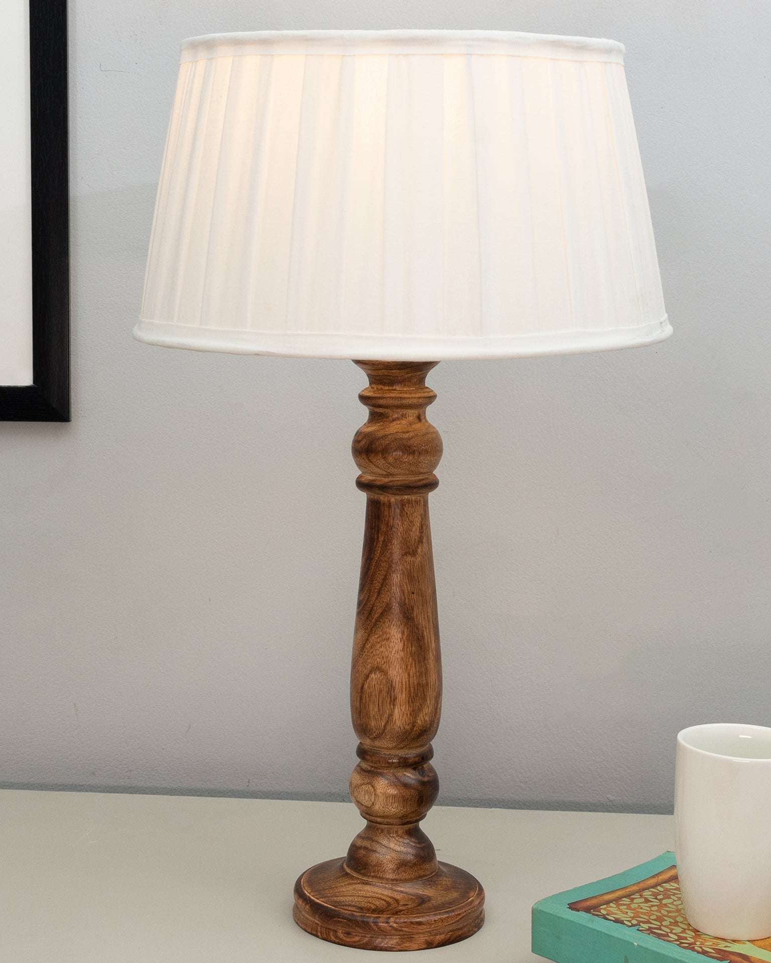 Floral Carved Black Wood Table Lamp With Empire Pleated Shade