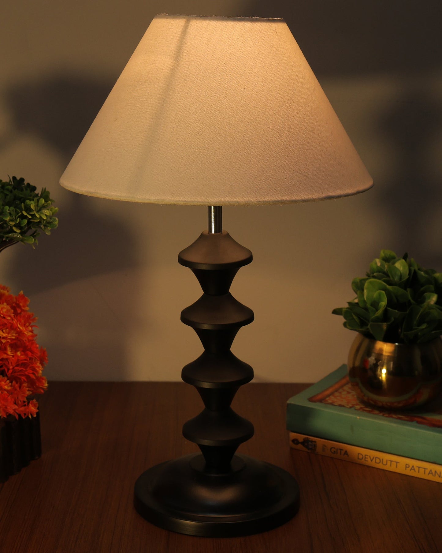 Black Metal Table Lamp with Fabric Shade, B22 holder, Pillar
