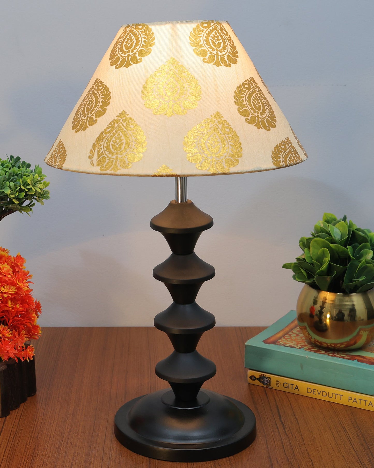 Black Metal Table Lamp with Fabric Shade, B22 holder, Pillar