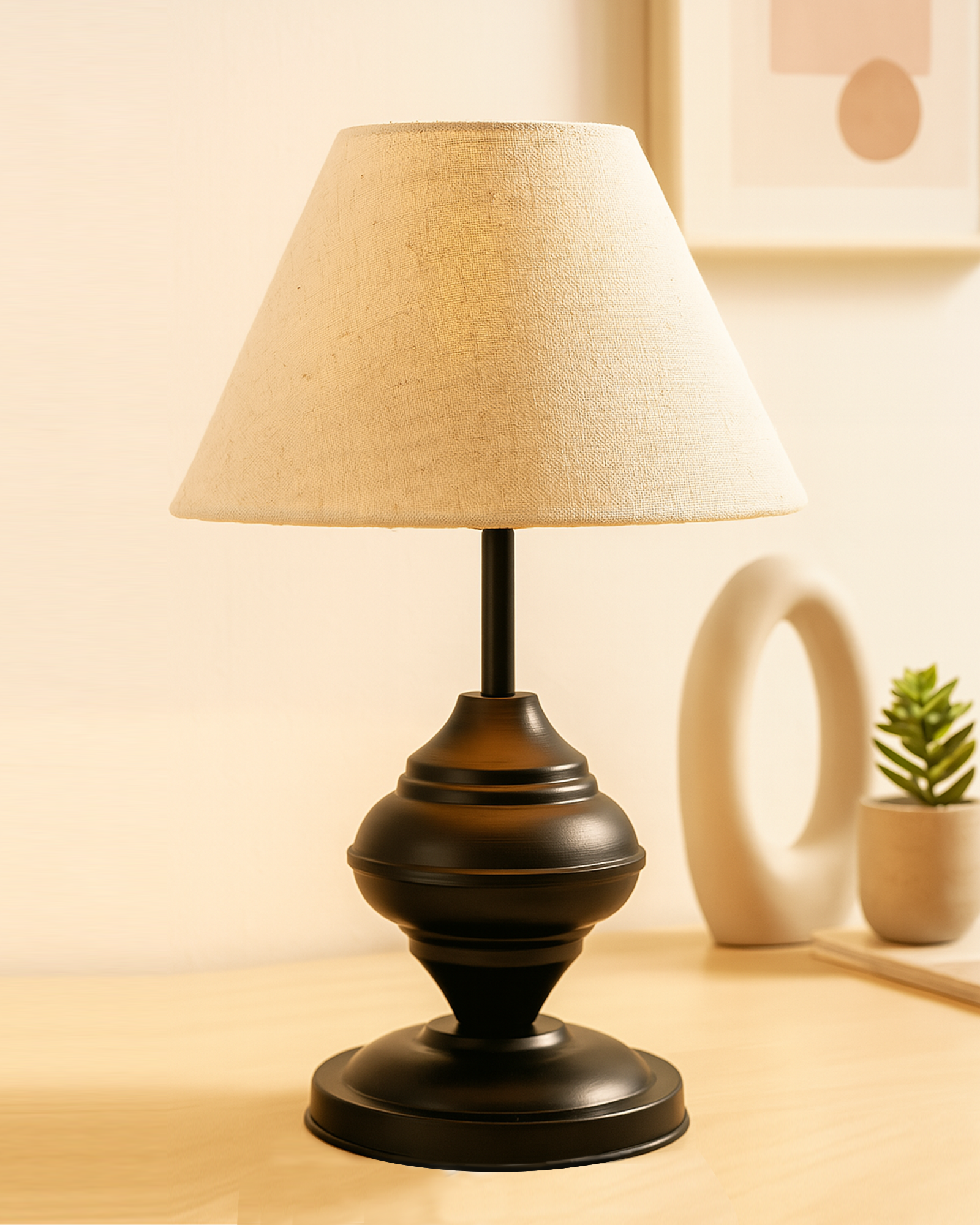 Black Metal Table Lamp | for Living Room | Modern Bedside Light with Pleated Shade | Decorative Night Lamp for Bedroom, Study, Office | Home Decor Lighting, E27 holder, Urn