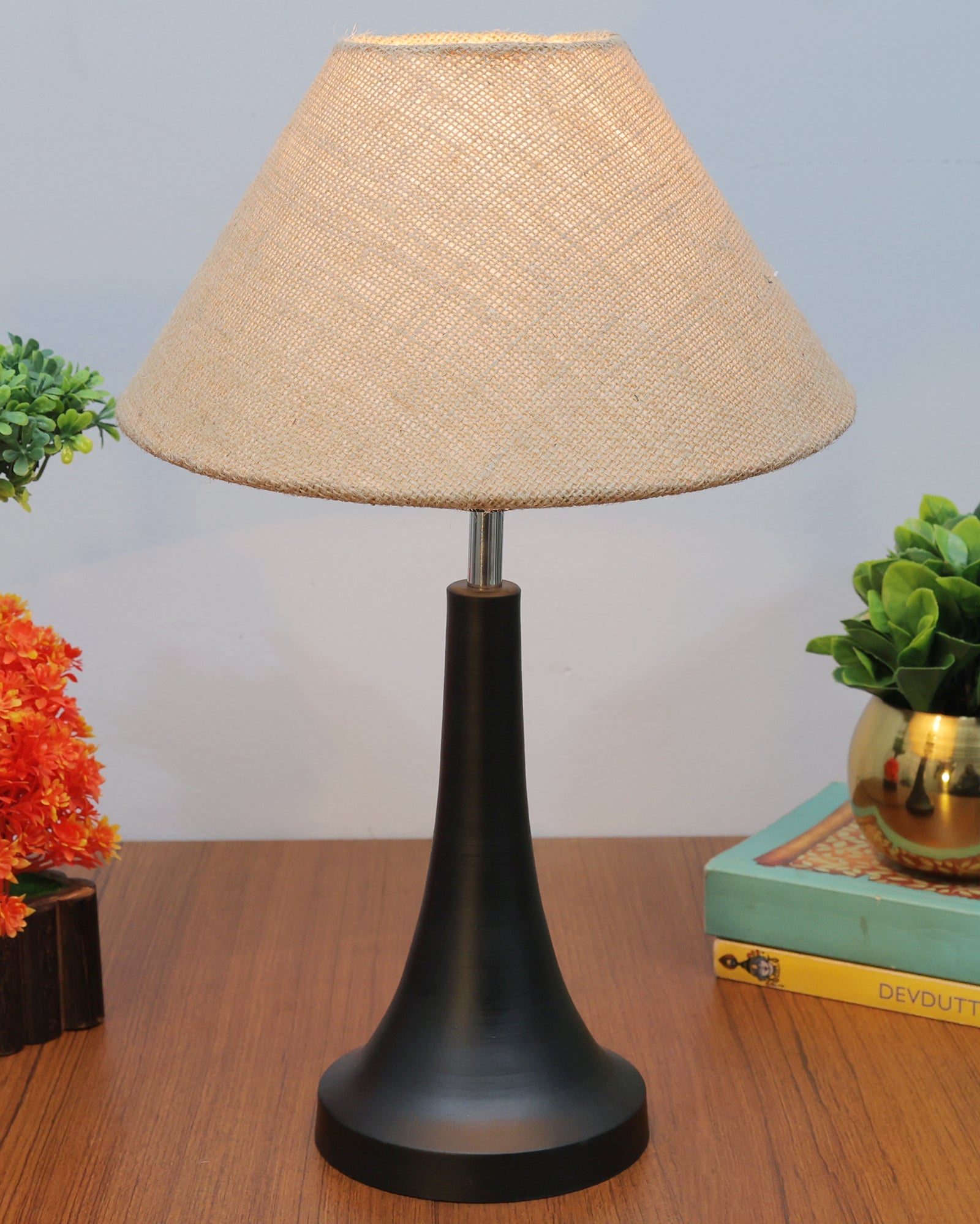 Black Metal Cone Table Lamp with Fabric Shade, B22 holder Nightstand Lamp