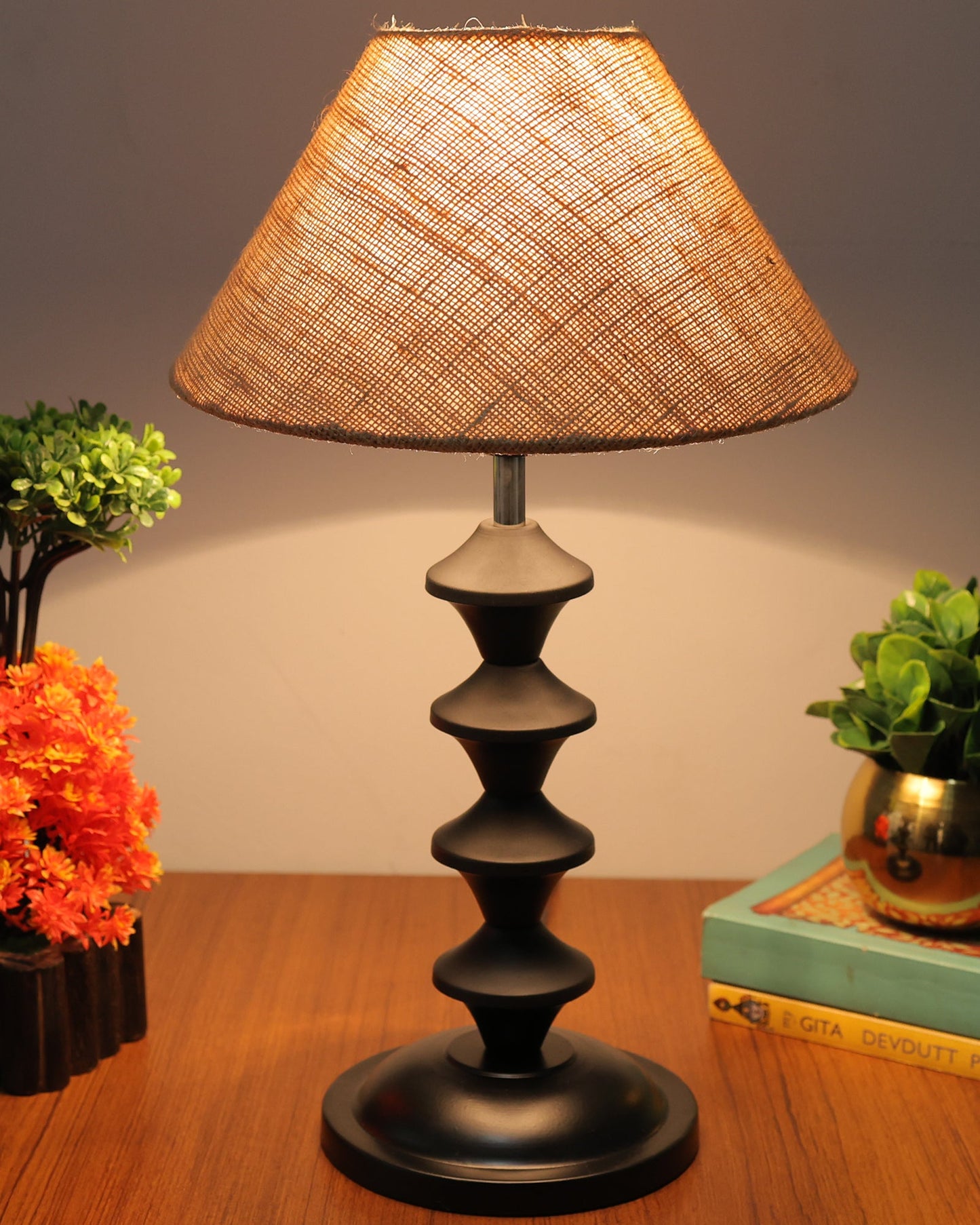 Black Metal Table Lamp with Fabric Shade, B22 holder, Pillar