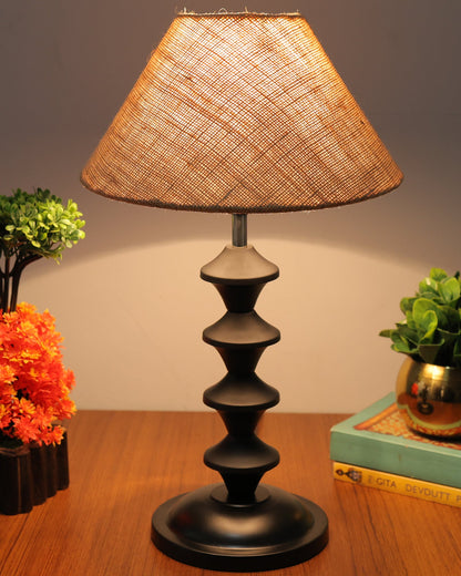 Black Metal Table Lamp with Fabric Shade, B22 holder, Pillar