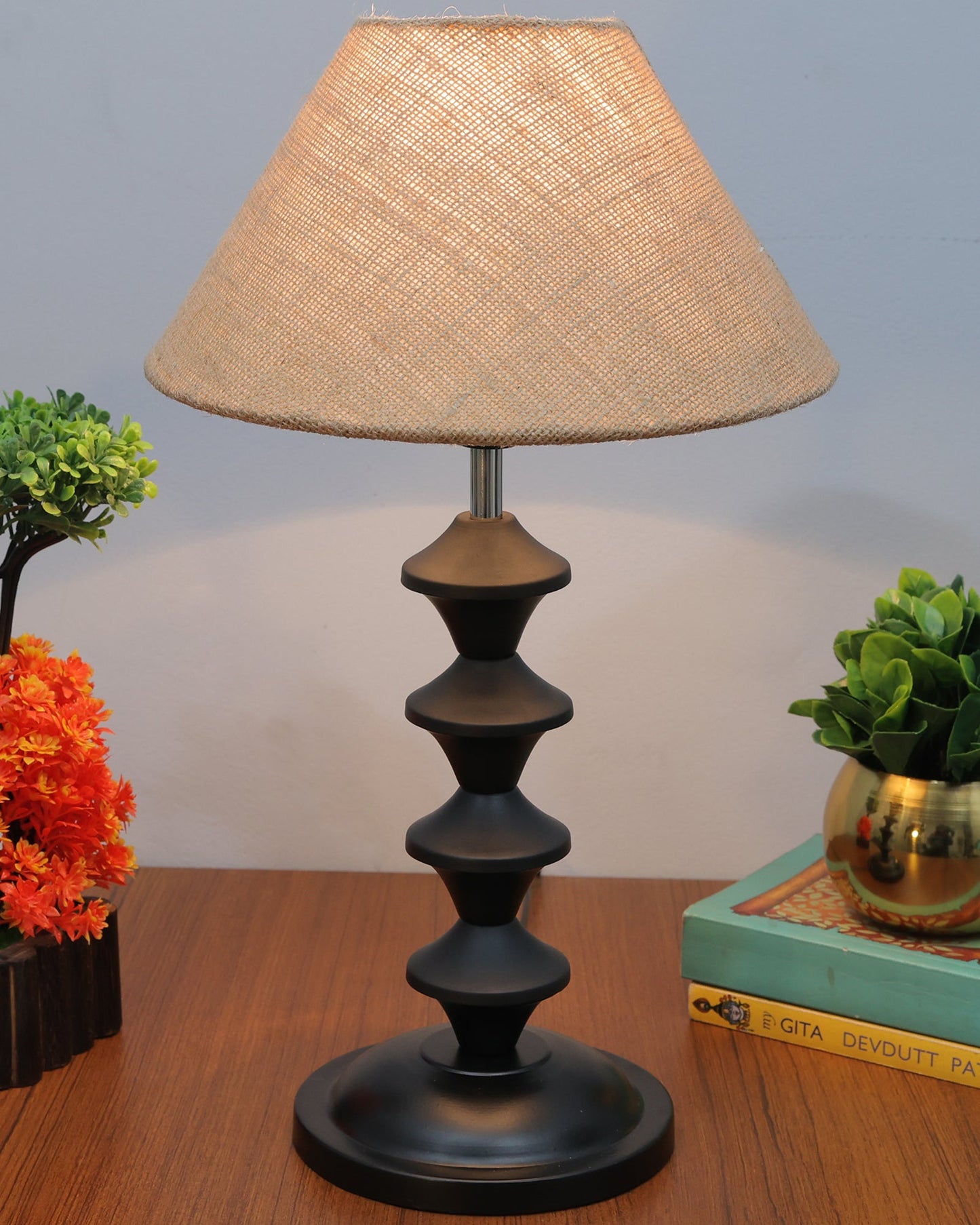 Black Metal Table Lamp with Fabric Shade, B22 holder, Pillar