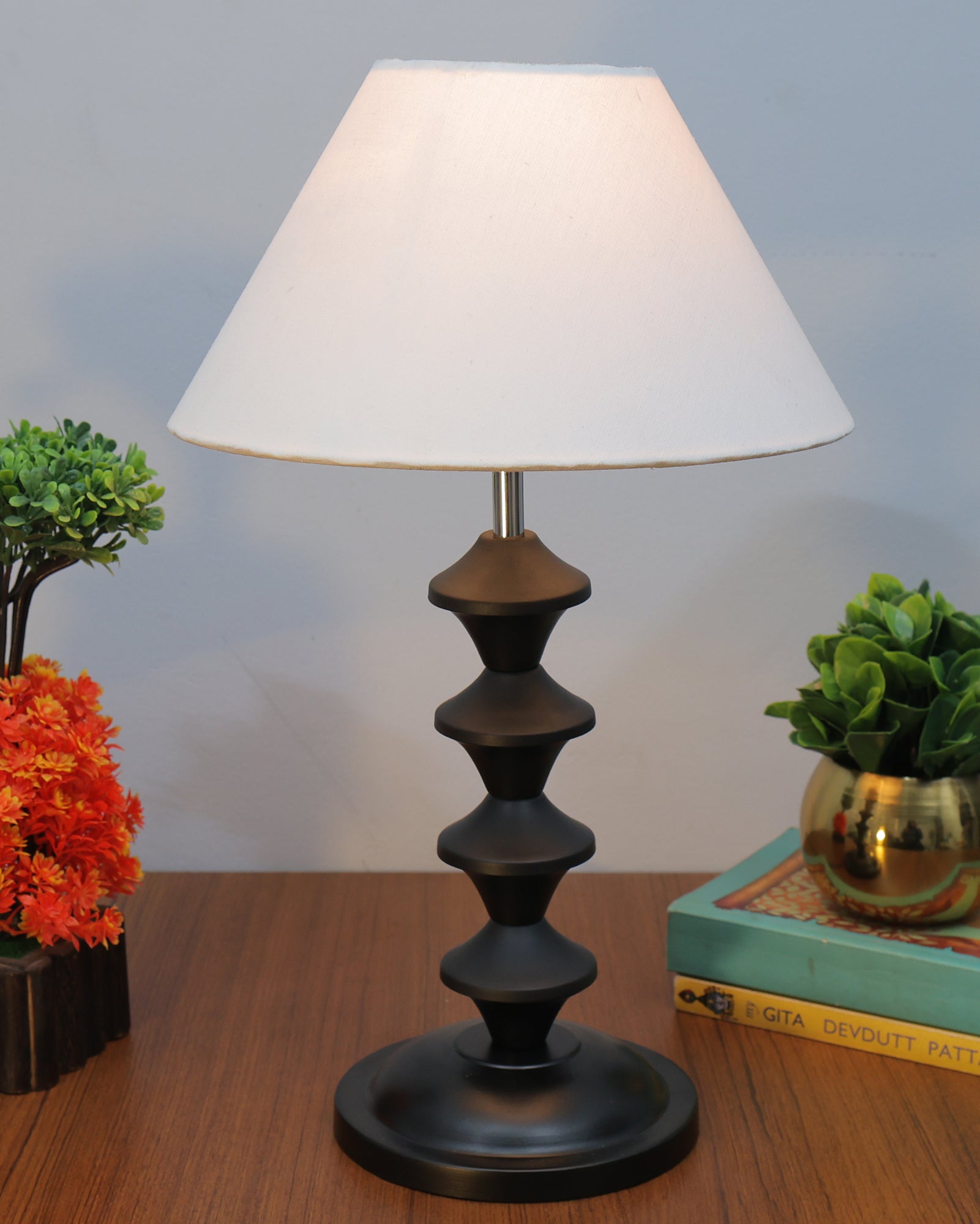 Black Metal Table Lamp with Fabric Shade, B22 holder, Pillar