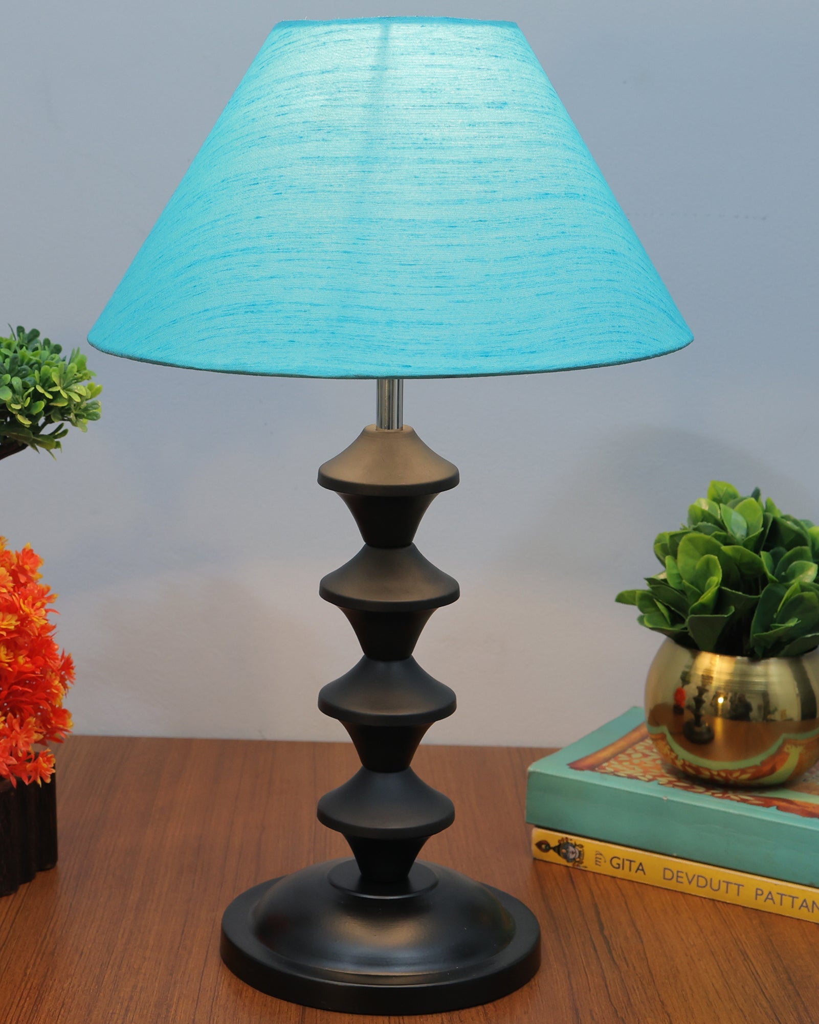 Black Metal Table Lamp with Fabric Shade, B22 holder, Pillar