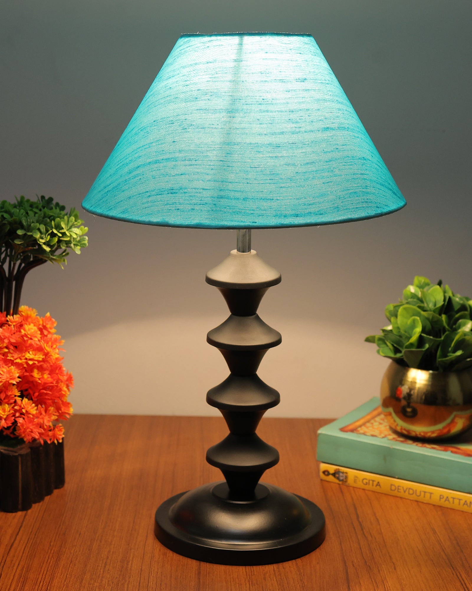 Black Metal Table Lamp with Fabric Shade, B22 holder, Pillar