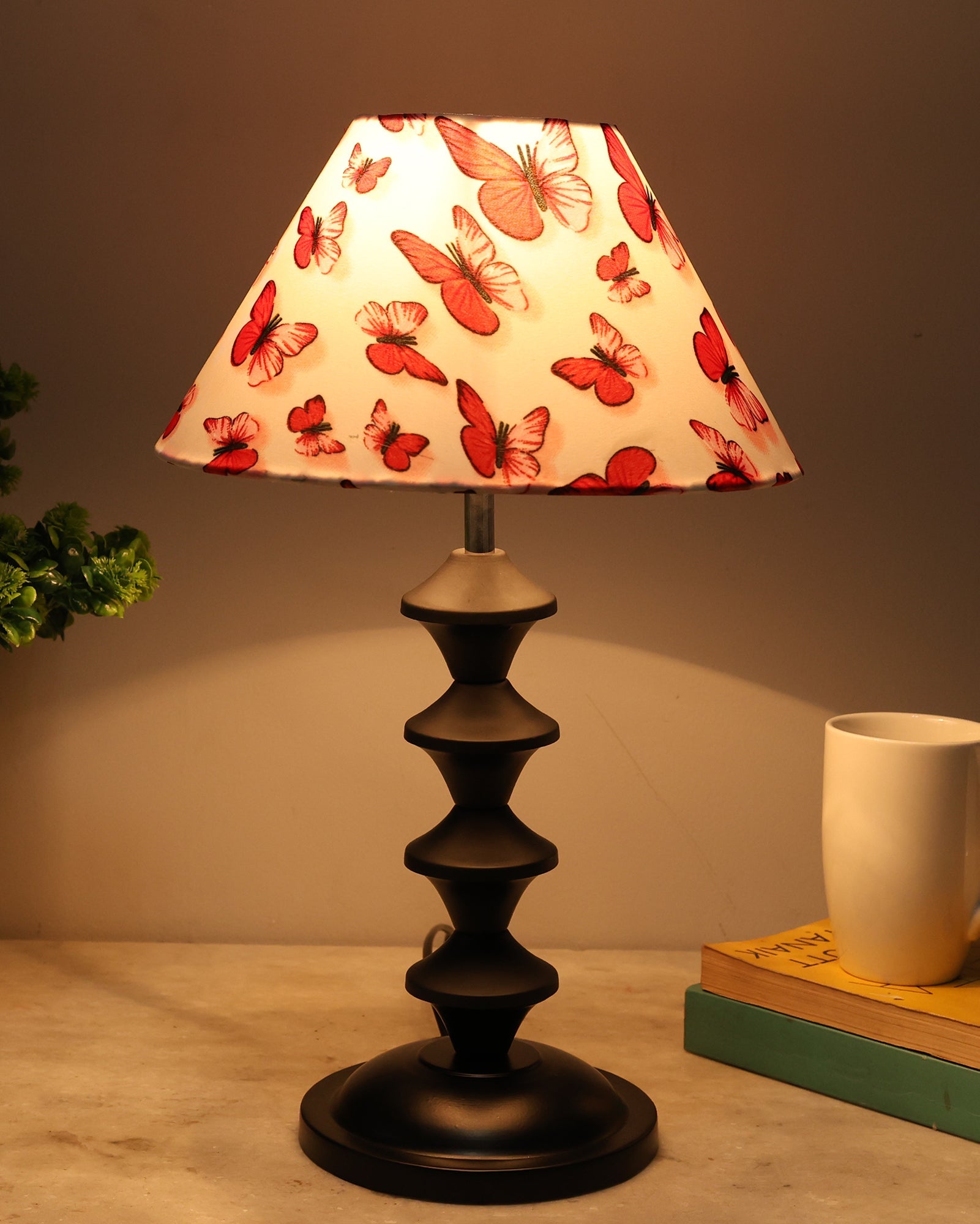 Black Metal Table Lamp with Fabric Shade, B22 holder, Pillar