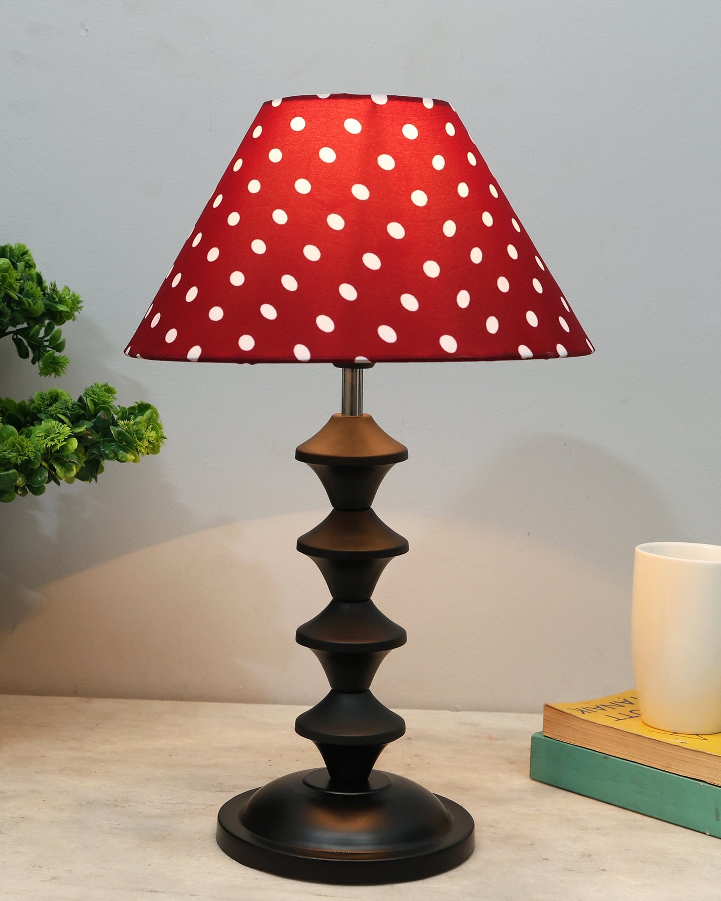 Black Metal Table Lamp with Fabric Shade, B22 holder, Pillar