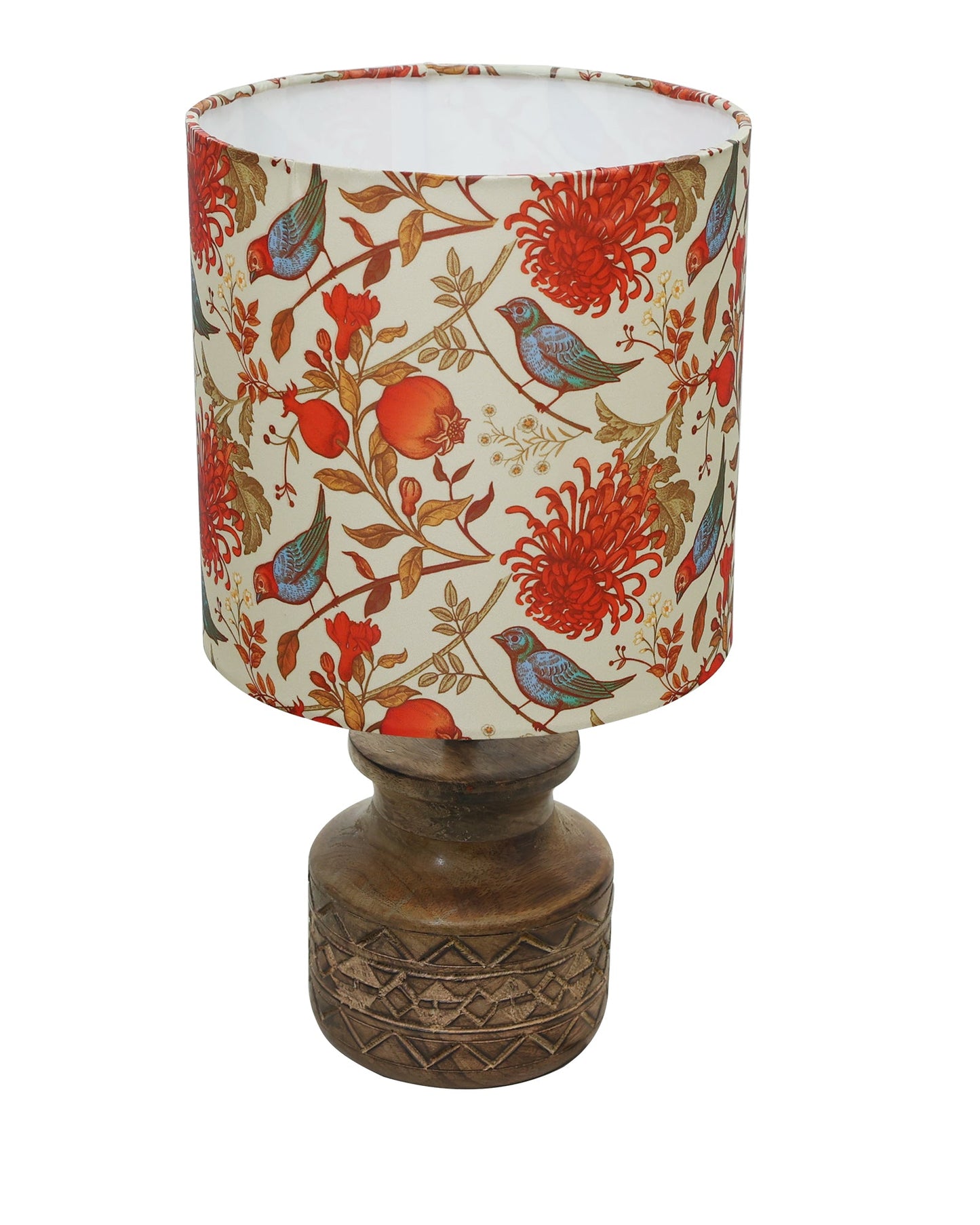 Wood Table Lamp, Modern Base Fabric Lampshade for Home Office Cafe Restaurant, Carved Pot