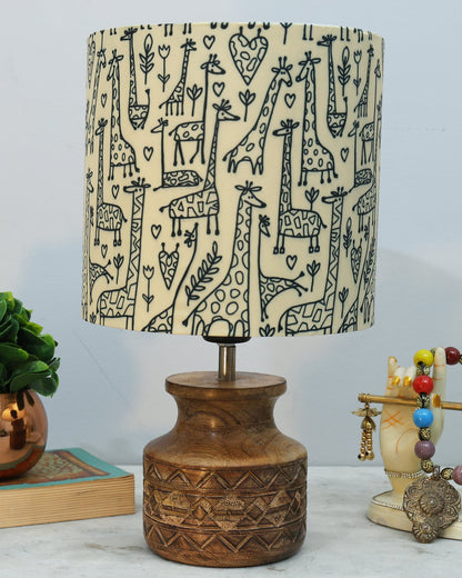 Wood Table Lamp, Modern Base Fabric Lampshade for Home Office Cafe Restaurant, Carved Pot