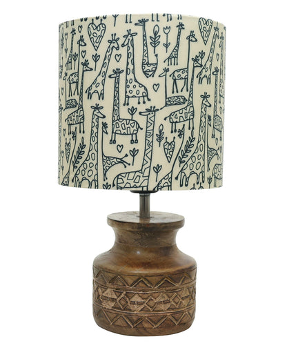Wood Table Lamp, Modern Base Fabric Lampshade for Home Office Cafe Restaurant, Carved Pot