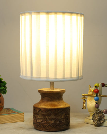 Wood Table Lamp, Modern Base Fabric Lampshade for Home Office Cafe Restaurant, Carved Pot