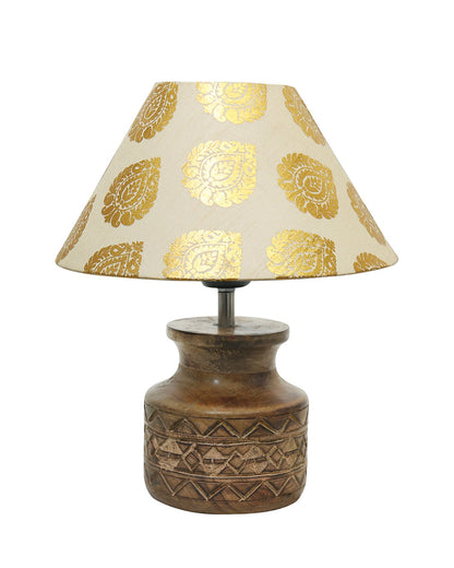 Wood Table Lamp, Modern Base Fabric Lampshade for Home Office Cafe Restaurant, Carved Pot