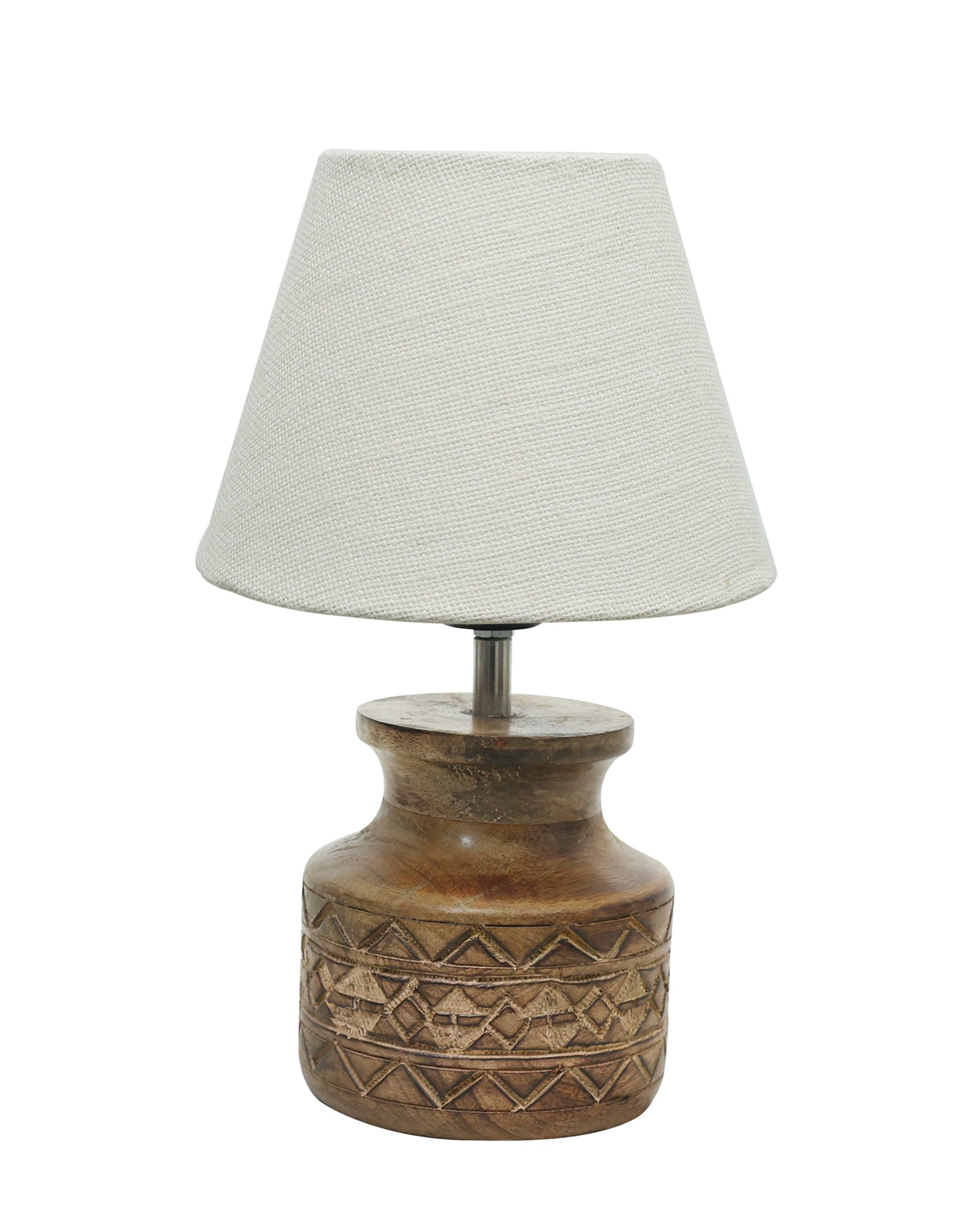 Wood Table Lamp, Modern Base Fabric Lampshade for Home Office Cafe Restaurant, Carved Pot, White Jute