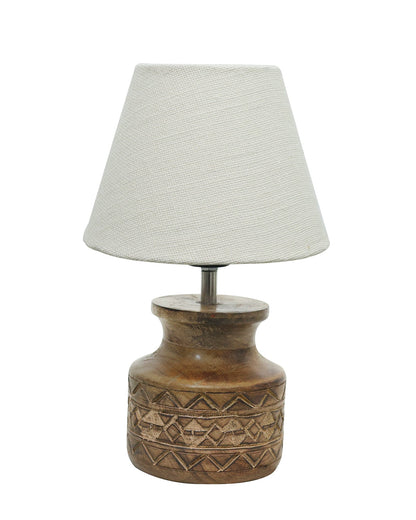Wood Table Lamp, Modern Base Fabric Lampshade for Home Office Cafe Restaurant, Carved Pot, White Jute