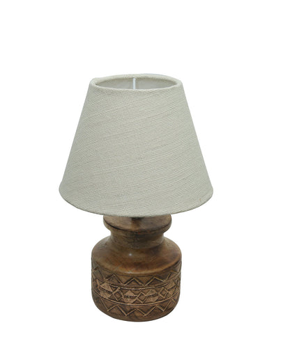 Wood Table Lamp, Modern Base Fabric Lampshade for Home Office Cafe Restaurant, Carved Pot, White Jute