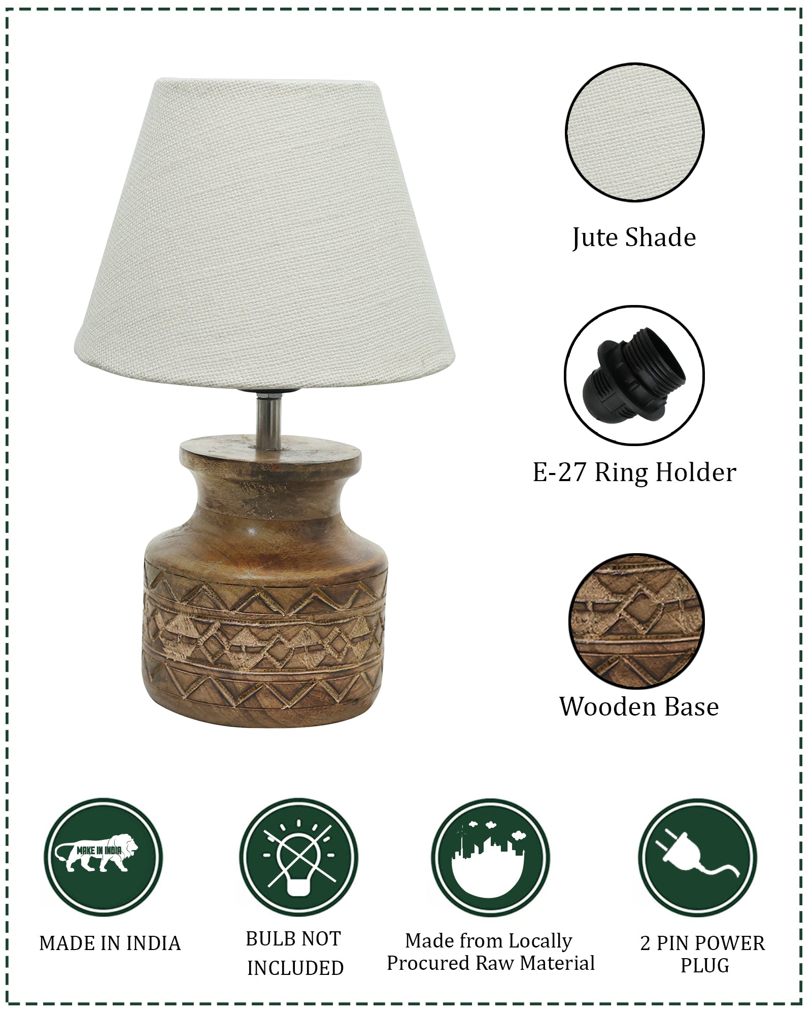 Wood Table Lamp, Modern Base Fabric Lampshade for Home Office Cafe Restaurant, Carved Pot, White Jute