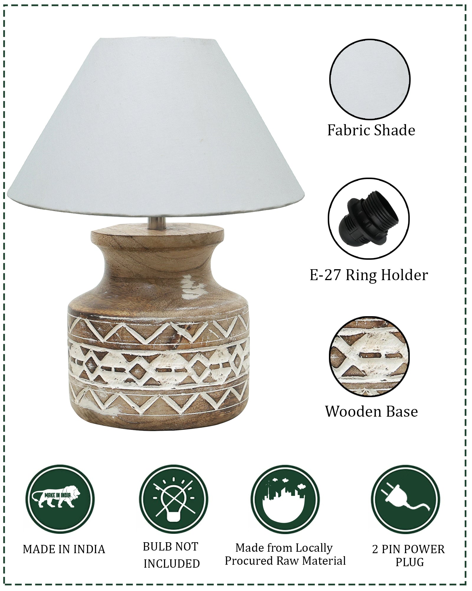 Wood Table Lamp, Modern Base Fabric Lampshade for Home Office Cafe Restaurant, Whitewash Pot