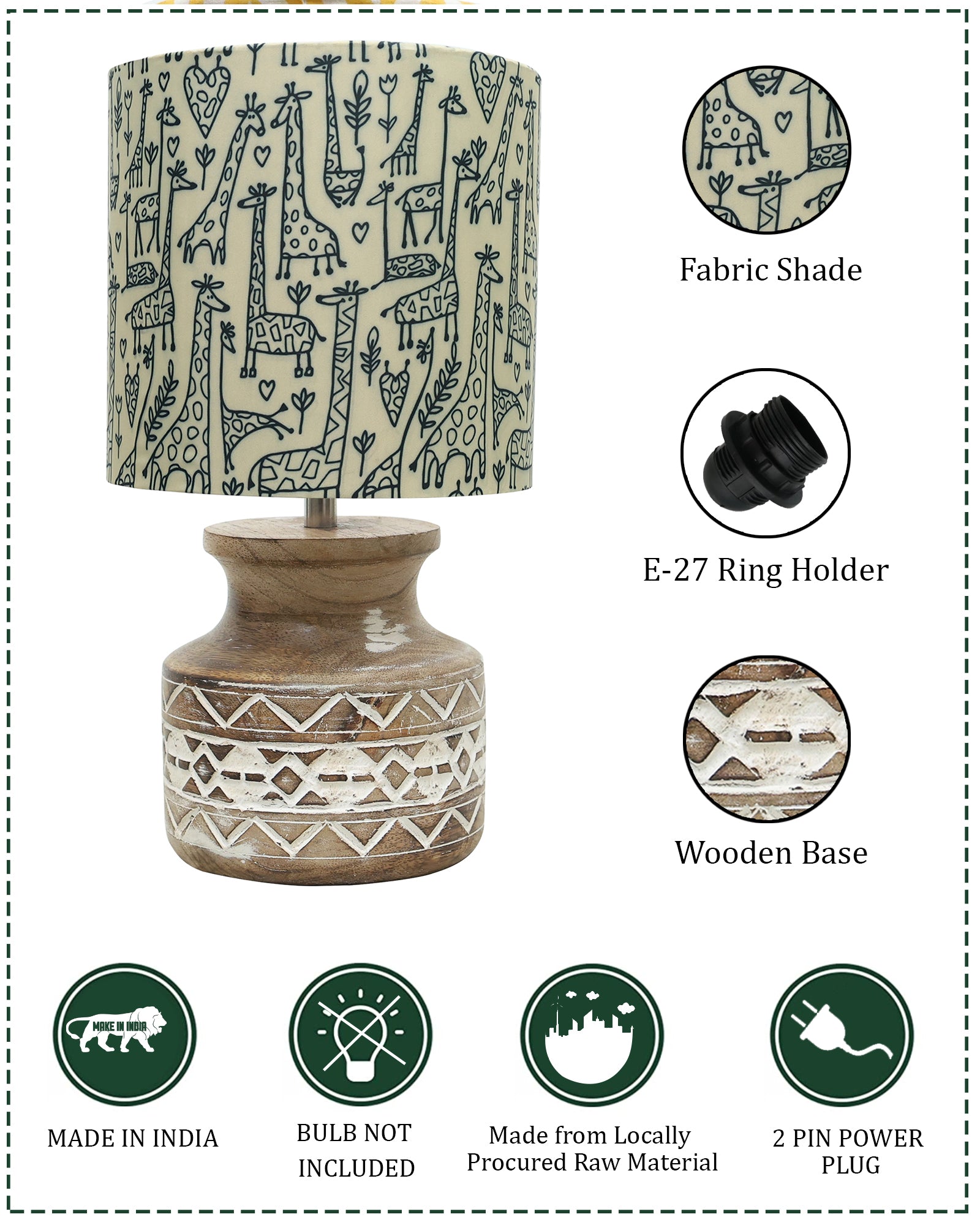 Wood Table Lamp, Modern Base Fabric Lampshade for Home Office Cafe Restaurant, Whitewash Pot