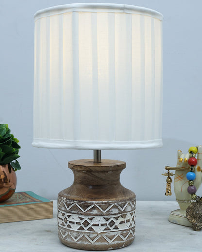 Wood Table Lamp, Modern Base Fabric Lampshade for Home Office Cafe Restaurant, Whitewash Pot