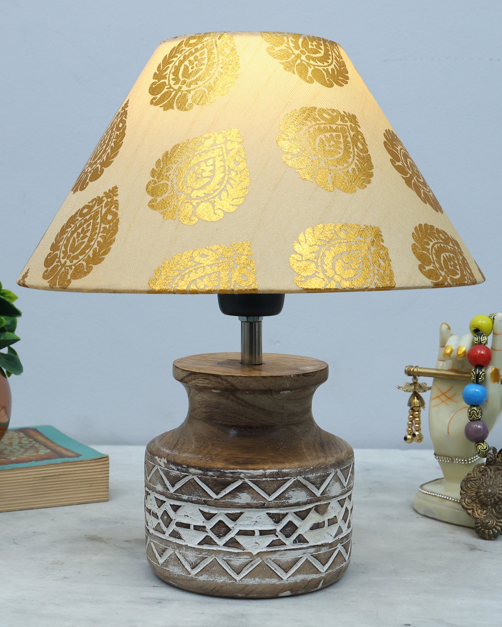 Wood Table Lamp, Modern Base Fabric Lampshade for Home Office Cafe Restaurant, Whitewash Pot
