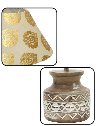 Wood Table Lamp, Modern Base Fabric Lampshade for Home Office Cafe Restaurant, Whitewash Pot