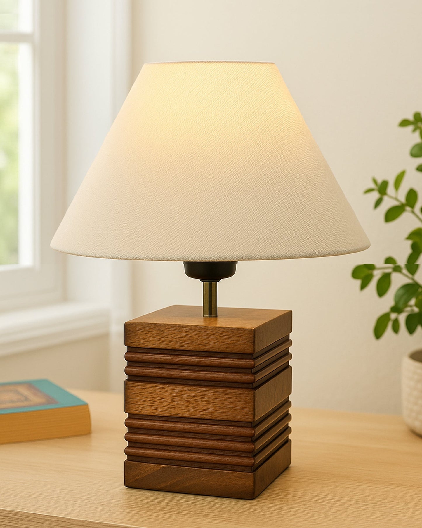 Wood Table Lamp, Modern Base Fabric Lampshade for Home Office Cafe Restaurant, Rib Cube