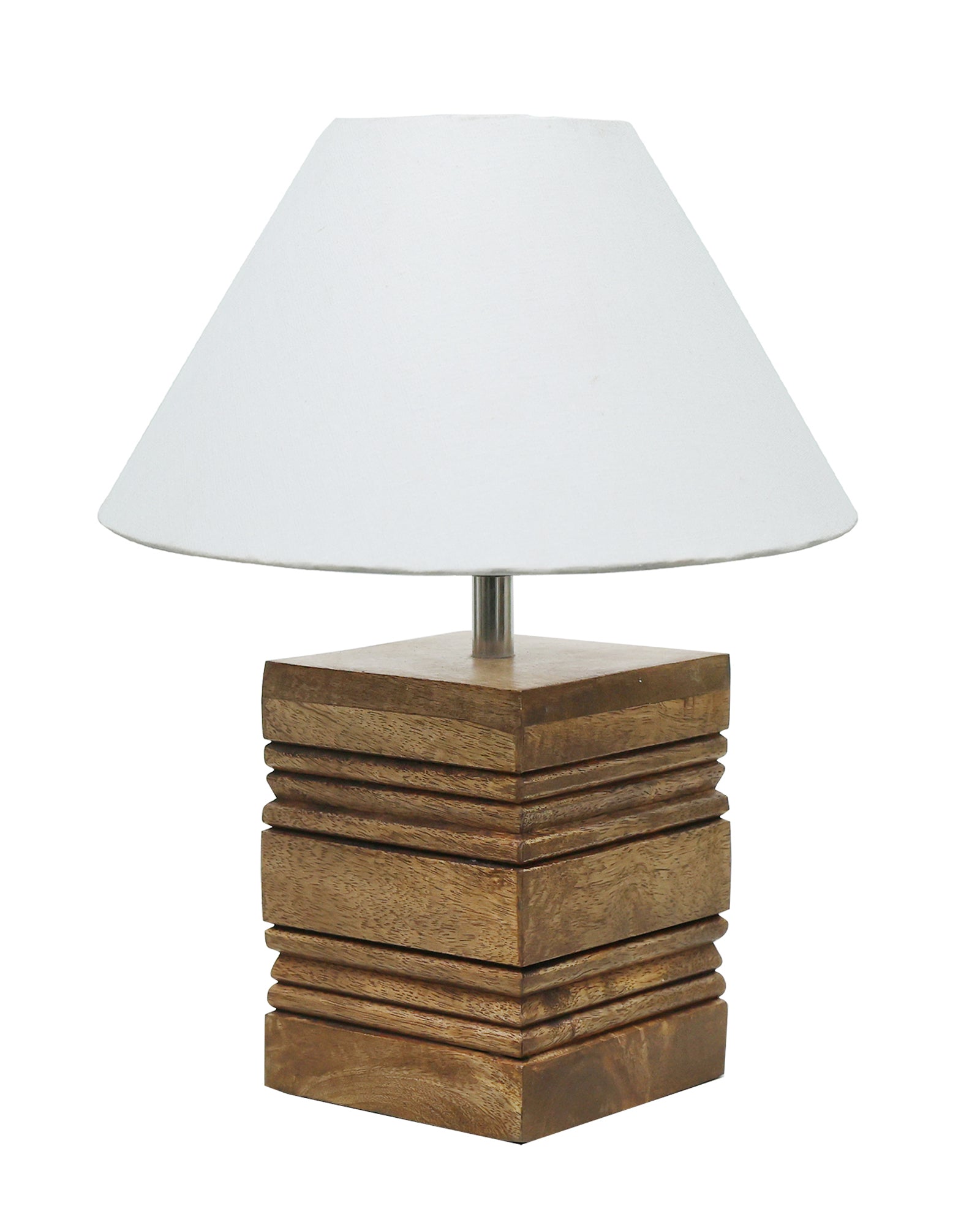 Wood Table Lamp, Modern Base Fabric Lampshade for Home Office Cafe Restaurant, Rib Cube