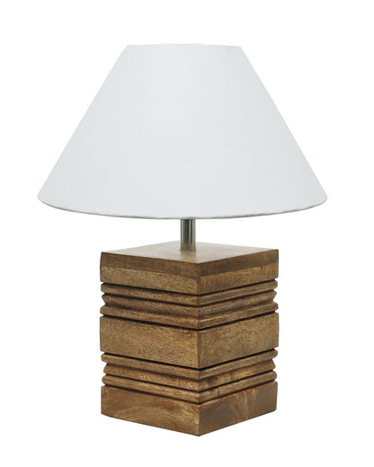 Wood Table Lamp, Modern Base Fabric Lampshade for Home Office Cafe Restaurant, Rib Cube