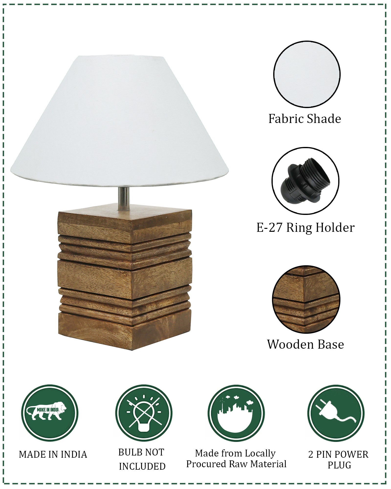 Wood Table Lamp, Modern Base Fabric Lampshade for Home Office Cafe Restaurant, Rib Cube