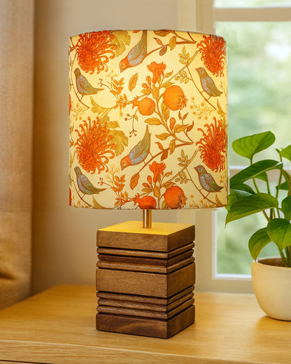 Wood Table Lamp, Modern Base Fabric Lampshade for Home Office Cafe Restaurant, Rib Cube