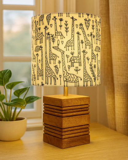 Wood Table Lamp, Modern Base Fabric Lampshade for Home Office Cafe Restaurant, Rib Cube