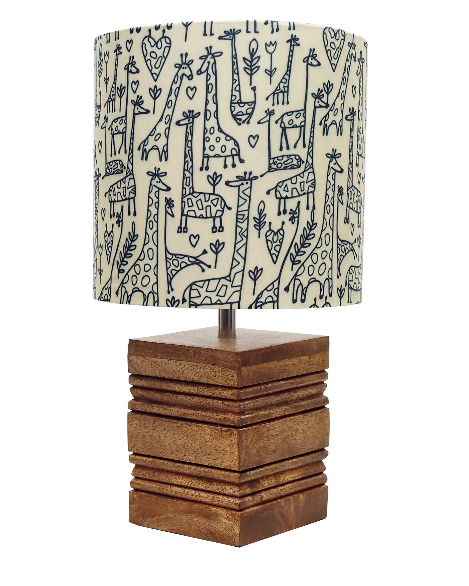 Wood Table Lamp, Modern Base Fabric Lampshade for Home Office Cafe Restaurant, Rib Cube