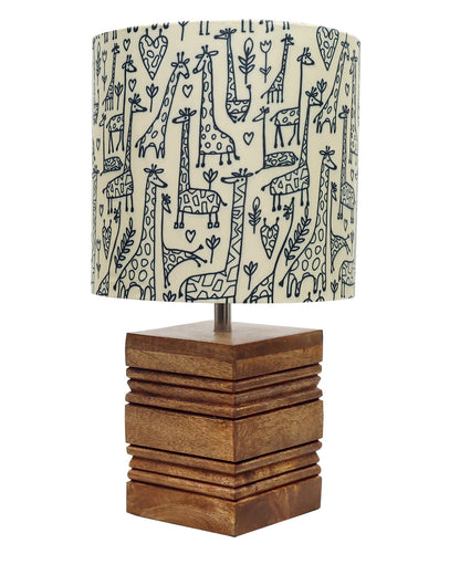 Wood Table Lamp, Modern Base Fabric Lampshade for Home Office Cafe Restaurant, Rib Cube