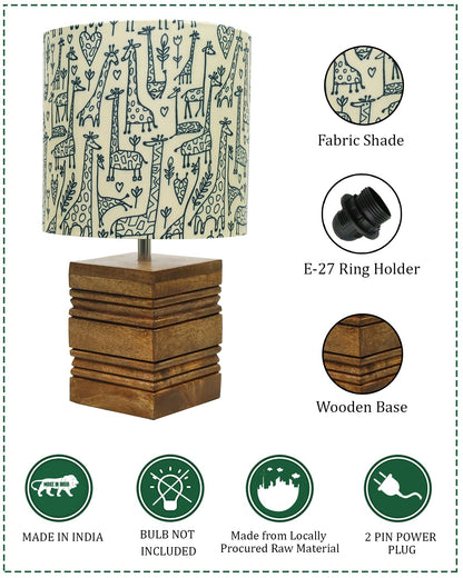 Wood Table Lamp, Modern Base Fabric Lampshade for Home Office Cafe Restaurant, Rib Cube