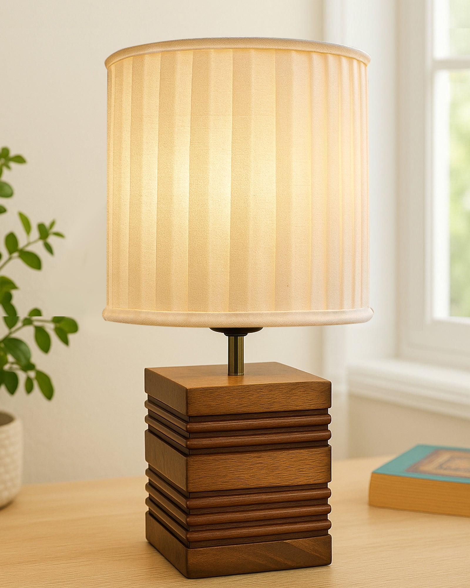 Wood Table Lamp, Modern Base Fabric Lampshade for Home Office Cafe Restaurant, Rib Cube