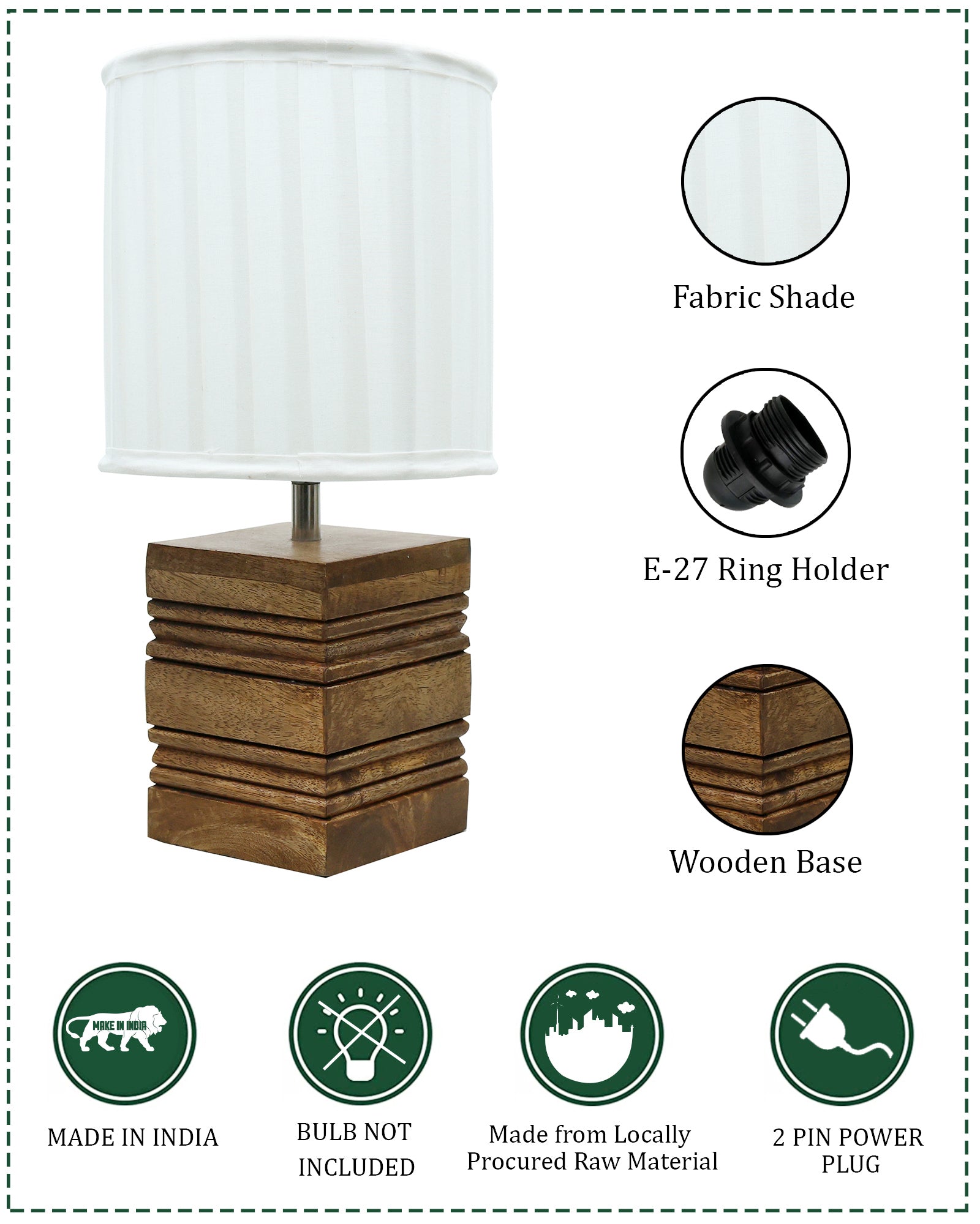 Wood Table Lamp, Modern Base Fabric Lampshade for Home Office Cafe Restaurant, Rib Cube
