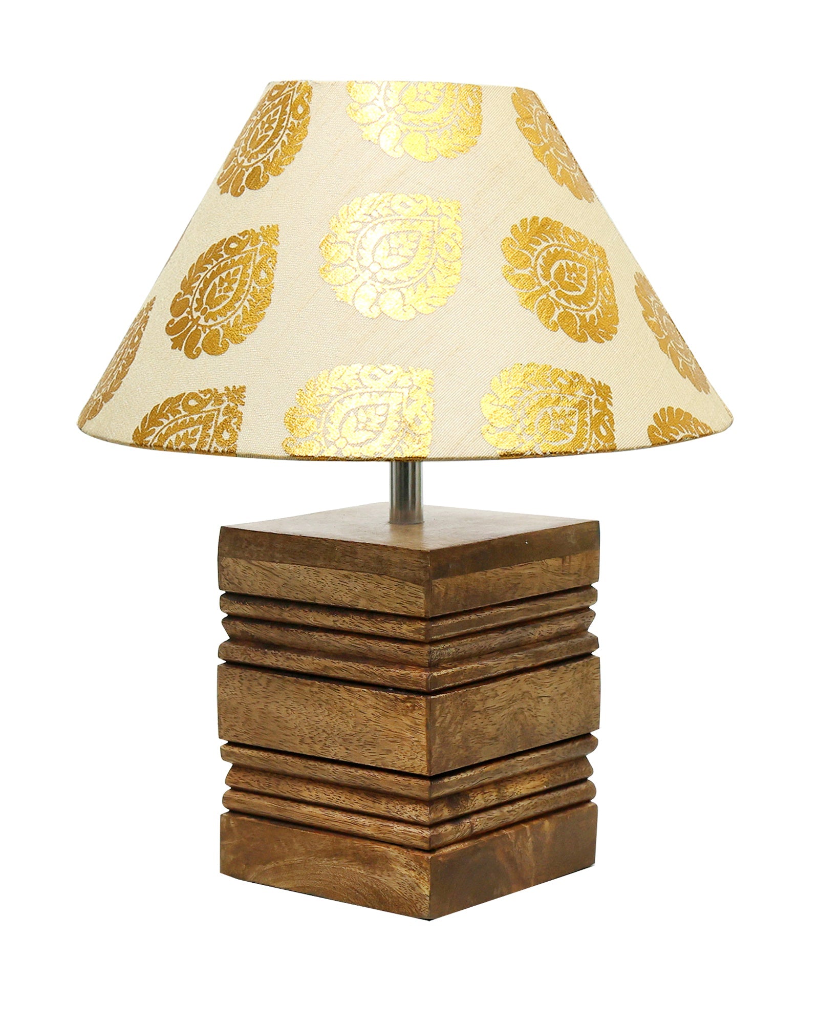 Wood Table Lamp, Modern Base Fabric Lampshade for Home Office Cafe Restaurant, Rib Cube