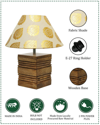 Wood Table Lamp, Modern Base Fabric Lampshade for Home Office Cafe Restaurant, Rib Cube